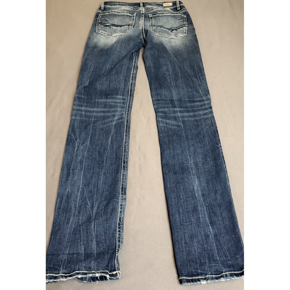 BKE Stella Jeans Womens 29X31.5  Dark Blue Mid Rise Slim Straight Leg Distressed - Picture 12 of 15